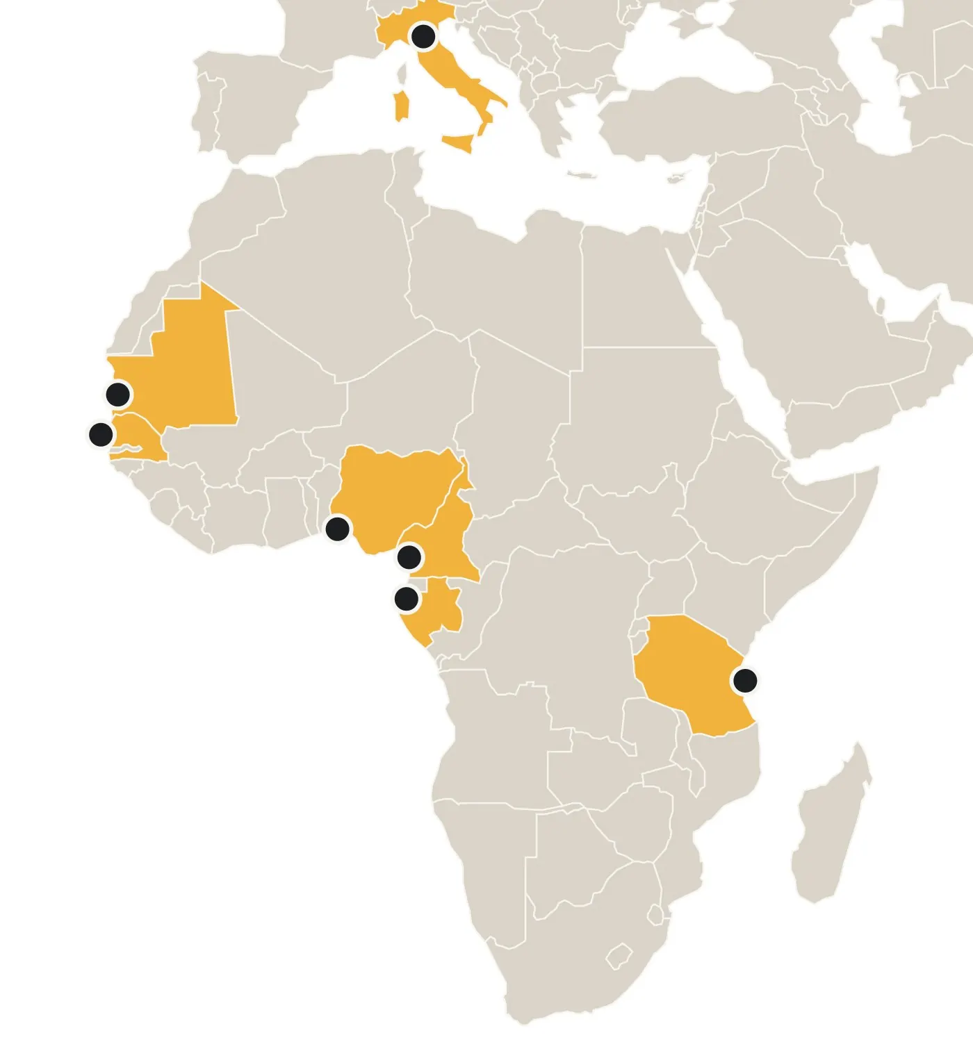 Map of Africa showing G.A. Ricambi presence in Mauritania, Senegal, Nigeria, Cameroon, Gabon and Tanzania